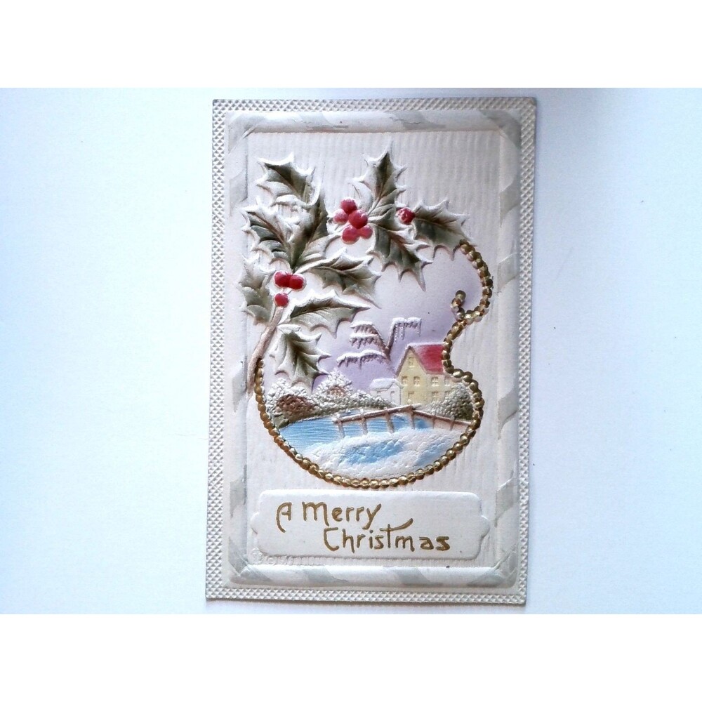 1915 Embossed Christmas Postcard, Holly, Snowy House, Bridge, Henry Samson